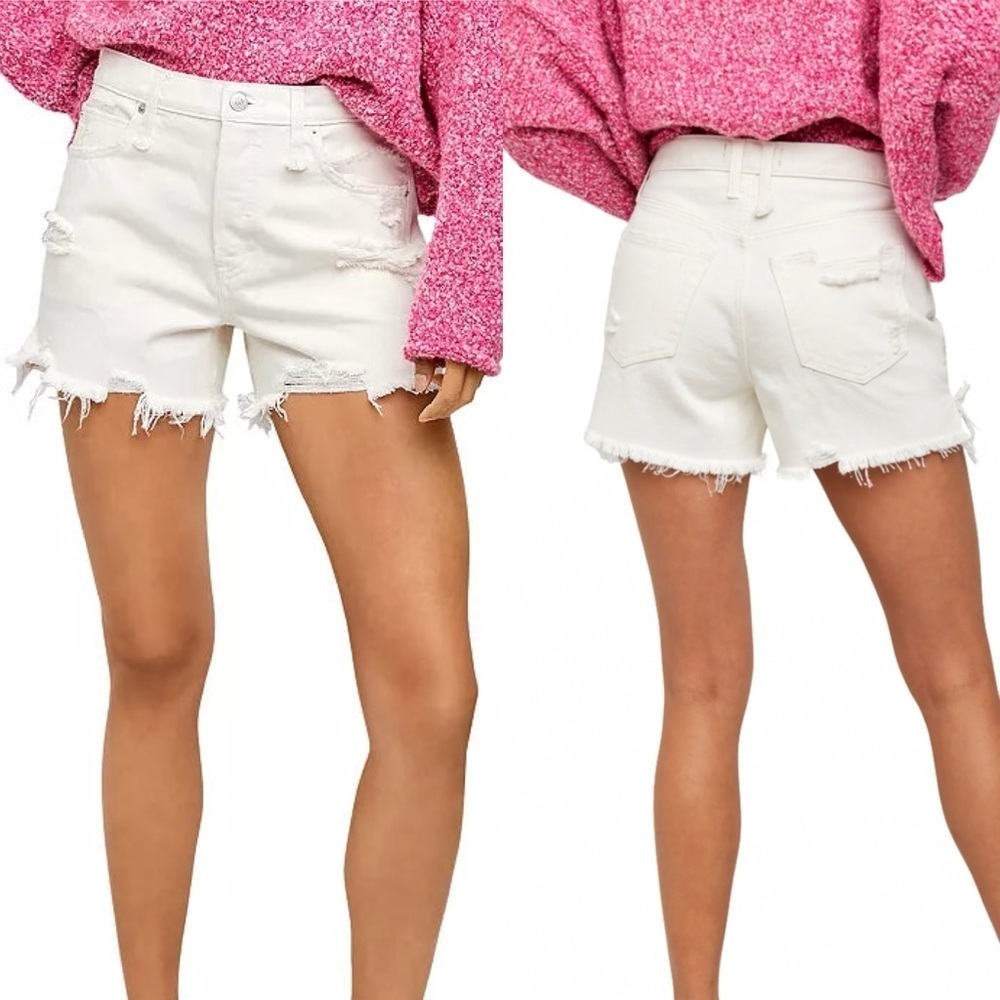 We The Free Womens Bright Off White Cream Makai Distressed Cut Off Denim Shorts